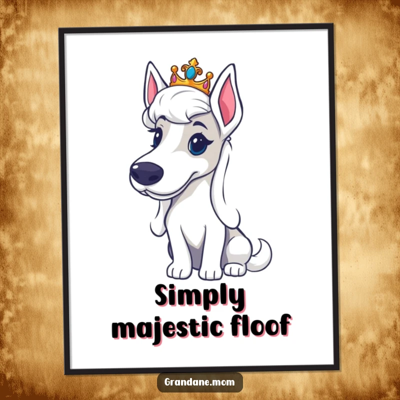Funny Grand Dane tiara poster art depicting a large dog wearing a miniature crown, looking exceptionally regal and dignified.