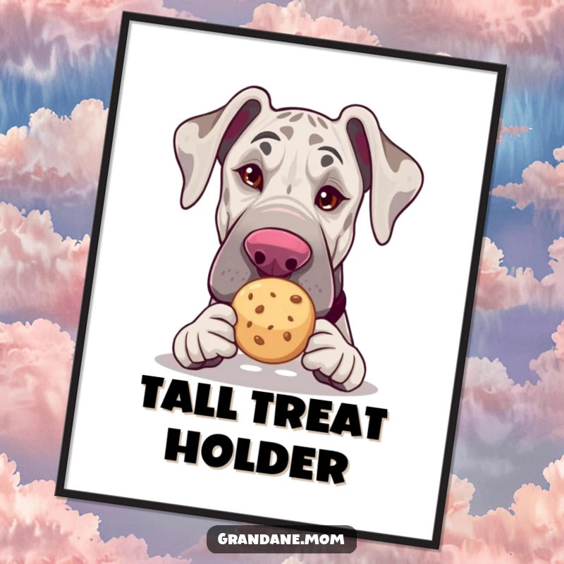 Funny Grand Dane poster, winking with a tea cookie, humorous wall art, perfect funny gift for dog enthusiasts.