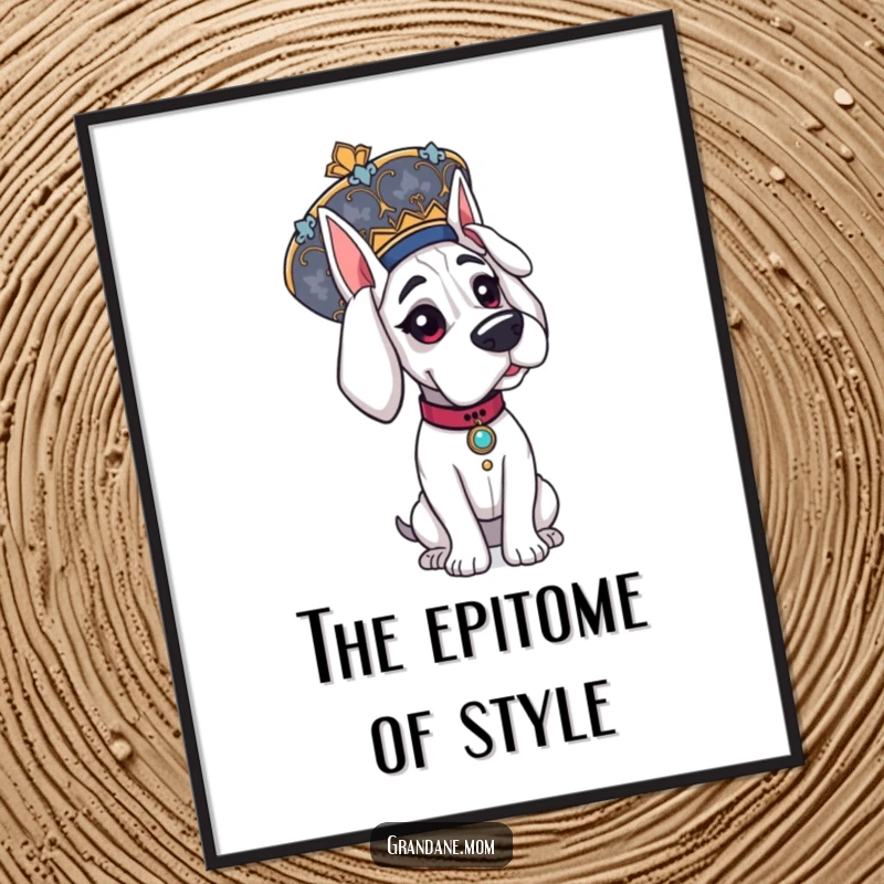 Funny Grand Dane poster, an elegant dog looking regal while wearing a substantial, decorative, ornate hat.