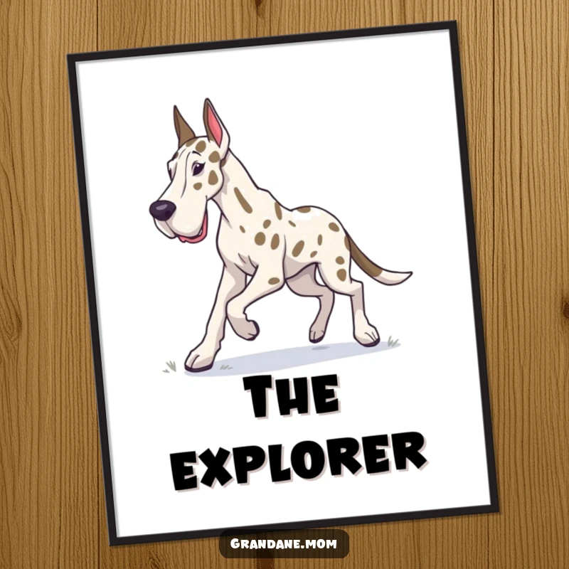 Funny Grand Dane poster depicting a dog in a determined trot, exploring its surroundings with a sense of purpose.