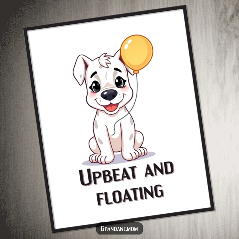 Funny Grand Dane Smile Poster, a happy dog holding a bright balloon, radiating pure joy, a humorous wall art gift.