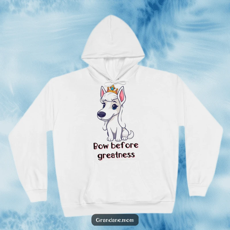 Funny Grand Dane tiara hoodie featuring a big dog wearing a miniature crown, looking incredibly regal and sophisticated.