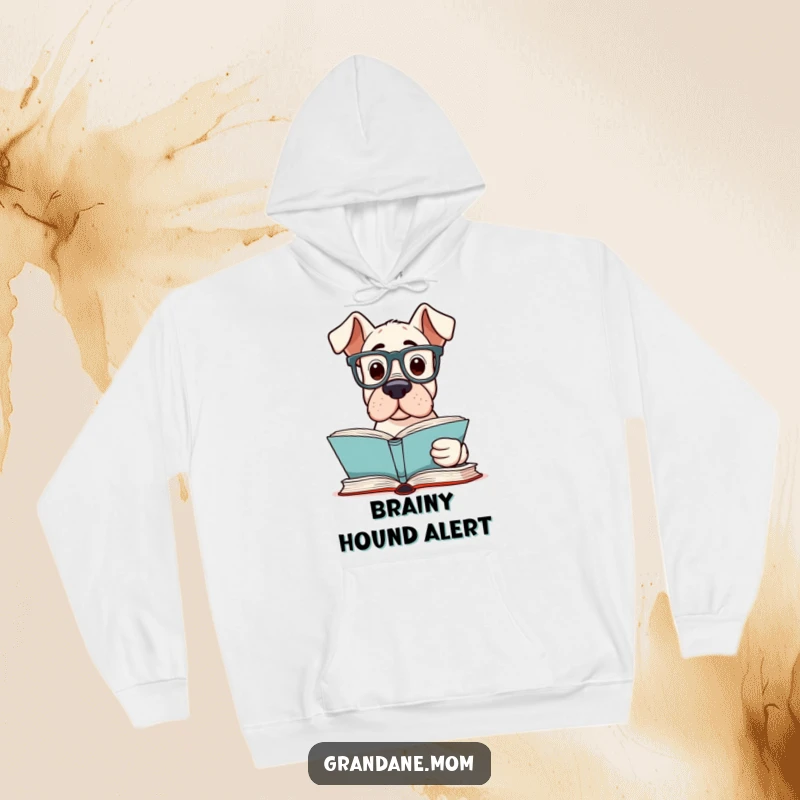 Funny Grand Dane Reader Hoodie showing an intellectual Grand Dane dog wearing reading glasses, engrossed in reading a book.