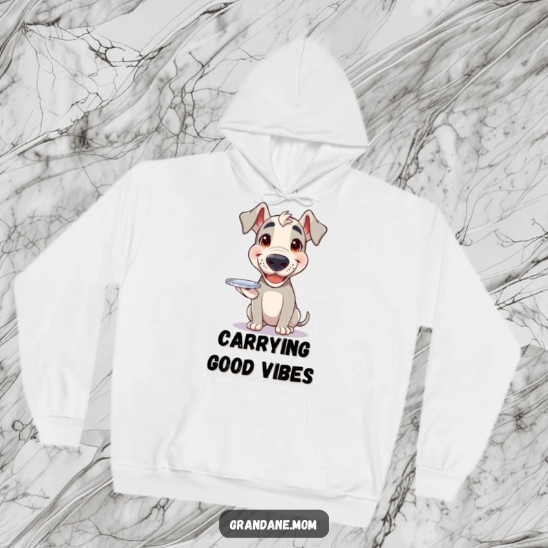 Funny Grand Dane hoodie with a happy dog balancing a small silver tray, cozy and full of joy.