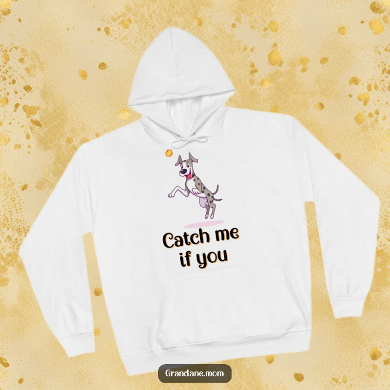 Funny Great Dane hoodie featuring a long-legged dog joyfully leaping for a toy, perfect for active comfort.