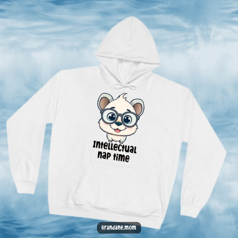 Funny daniff hoodie with a smiling expression, oversized spectacles, and a curious gaze, radiating comfort and intellect.