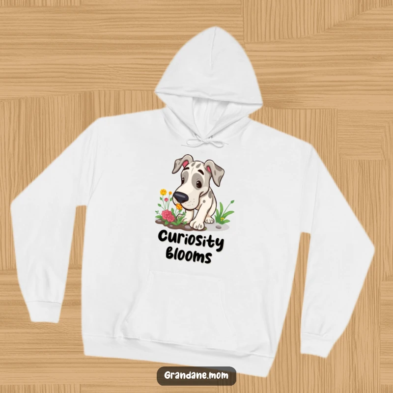 Funny Grand Dane hoodie featuring a large dog curiously sniffing a small garden patch, embodying outdoor fun and humor.