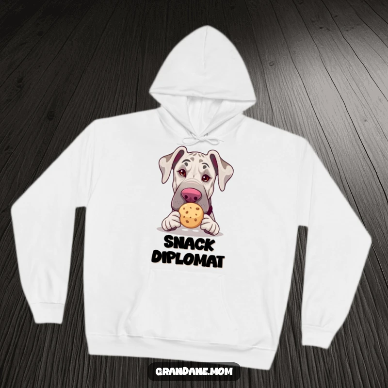 Funny Grand Dane hoodie, winking with a tea cookie, warm and comical dog lover apparel, perfect funny gift.