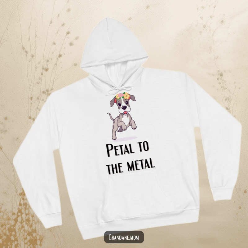 Funny Great Dane flower headband hoodie showing a happy dog prancing playfully, adorned with a beautiful floral crown.