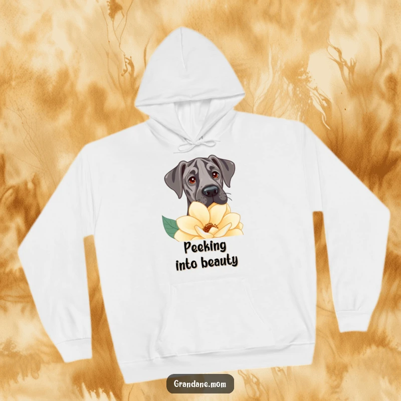 Funny Hoodie depicts a Great Dane peering gently over a large flower, its eyes full of sweet curiosity and innocence.