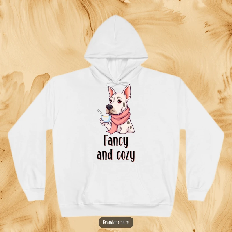 Funny Grand Dane in a long silk scarf sipping tea, depicted on a cozy hoodie, offering warmth and humorous sophistication to the wearer.