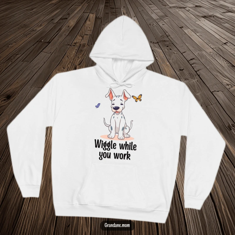Funny Grand Dane hoodie, showing a dog wiggling with excitement, trying to dance gracefully with a butterfly.