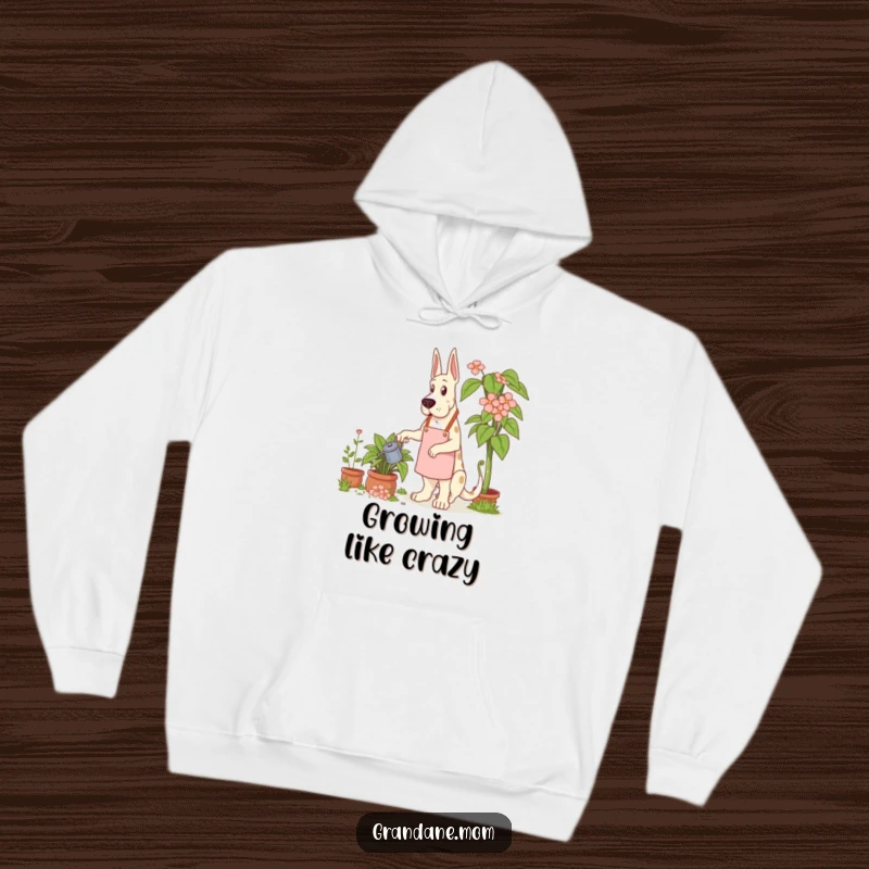 Funny Grand Dane Gardener Hoodie showing a Grand Dane dog in a gardening apron, nurturing a giant plant.