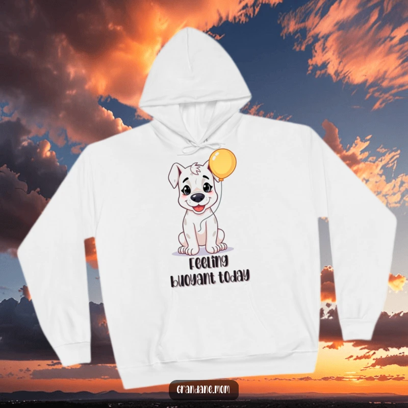 Funny Grand Dane Happy Hoodie, a smiling dog holding a bright balloon, offering comfort and joy, a cozy funny gift.