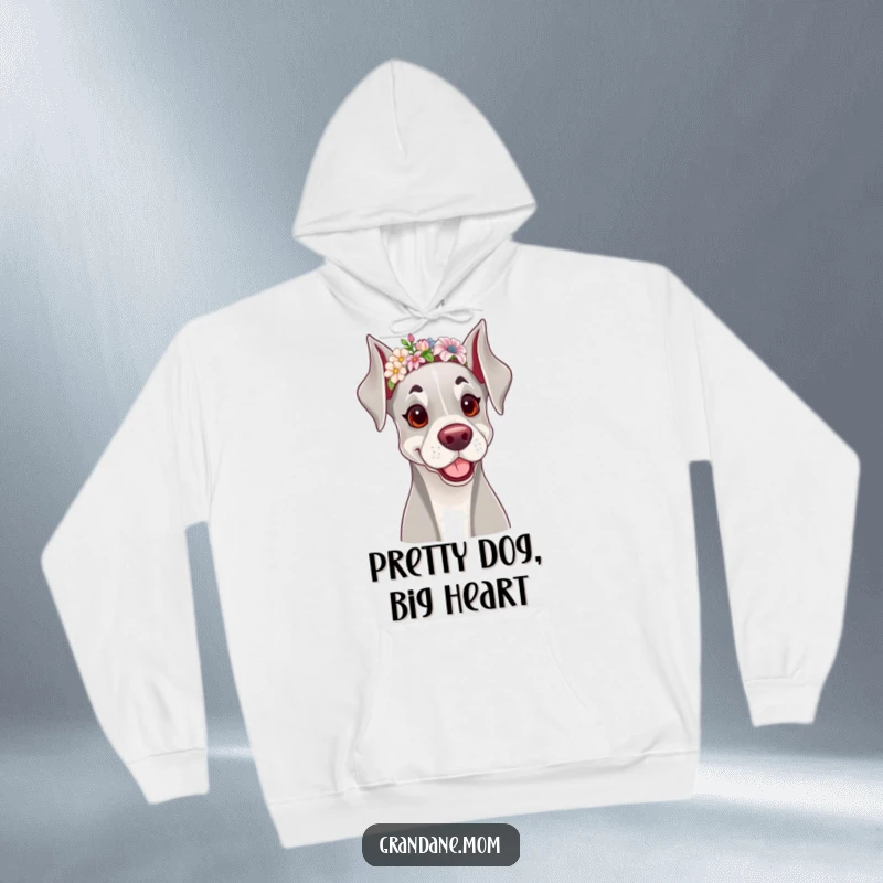 Funny hoodie featuring a happy Grand Dane dog wearing a dainty floral headband, perfect for cozy dog enthusiasts.
