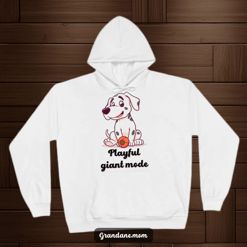 Funny Grand Dane hoodie featuring a dog in a playful bounce, happily interacting with a toy.