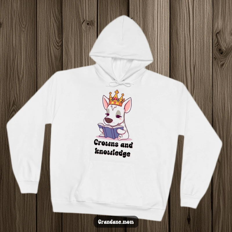Funny Grand Dane Royal Hoodie, a crowned dog intently reading, offering warmth and humor, a perfect cozy funny gift.
