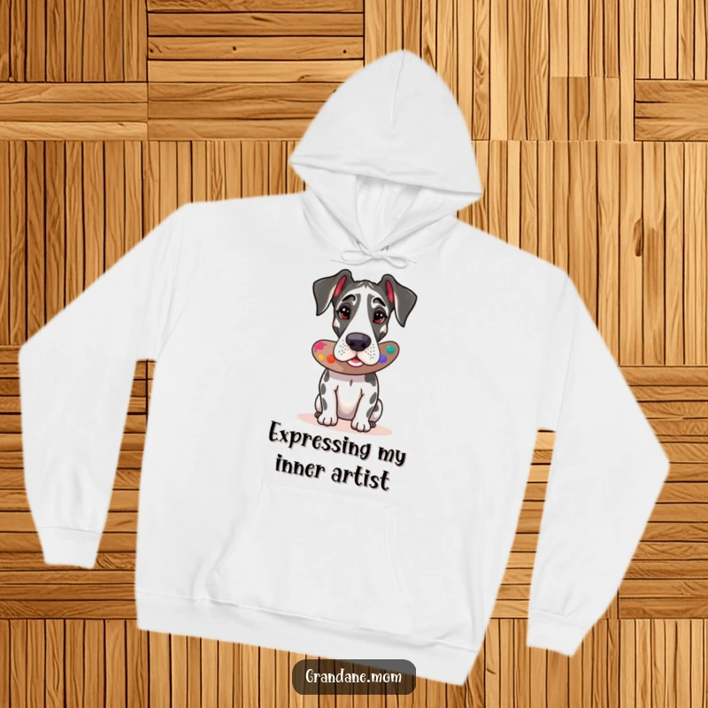 Funny Great Dane artist hoodie, a warm garment showcasing a dog with painting supplies, a great gift option.