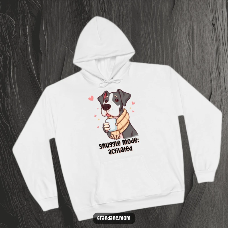 Funny Great Dane Hoodie: A stylish Great Dane in a scarf holding a warm mug, perfect for cozy, humorous cold-weather days.