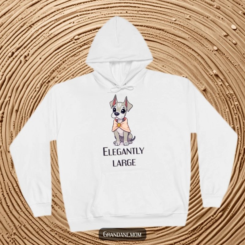 Funny Grand Dane wearing a tiny, elegant shawl, looking poised, a cozy and humorous hoodie for dog lovers, funny gift.