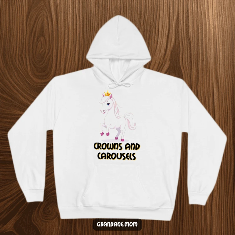 Funny Grand Dane dog wearing a tiny tiara, prancing playfully on a cozy hoodie, ideal for playful dog enthusiasts.