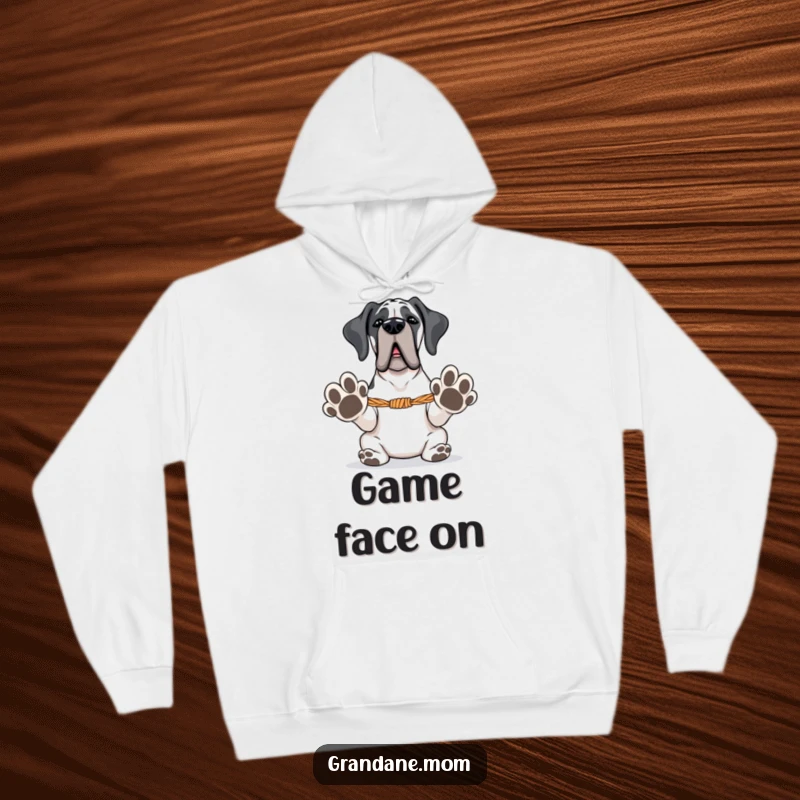 Funny Grand Dane hoodie featuring a large dog with paws extended, ready for tug-of-war, embodying playful energy and humor.