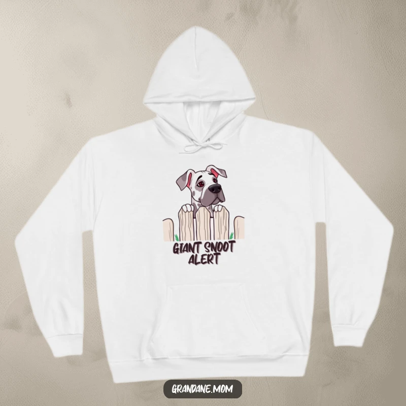 Funny Grand Dane Fence Peek Hoodie featuring a large dog with floppy ears peeking over a fence; cozy and humorous apparel.