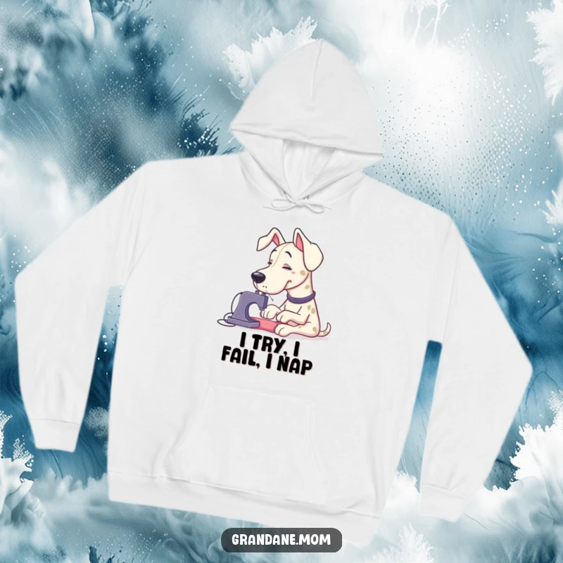 Funny Grand Dane with enormous sewing needles trying to attach a tiny button, depicted on a comfortable hoodie.