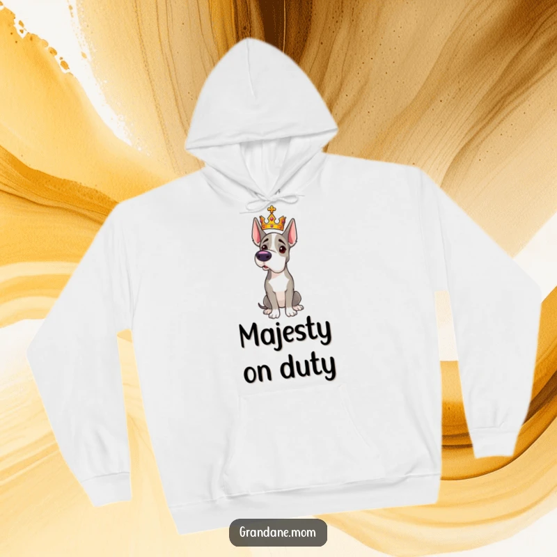 Funny Grand Dane hoodie with a majestic dog donning a tiny crown and striking a noble pose, cozy and grand.