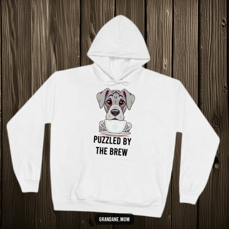 Funny Grand Dane hoodie, illustrating a dog with large, expressive, questioning eyes peering over a teacup.