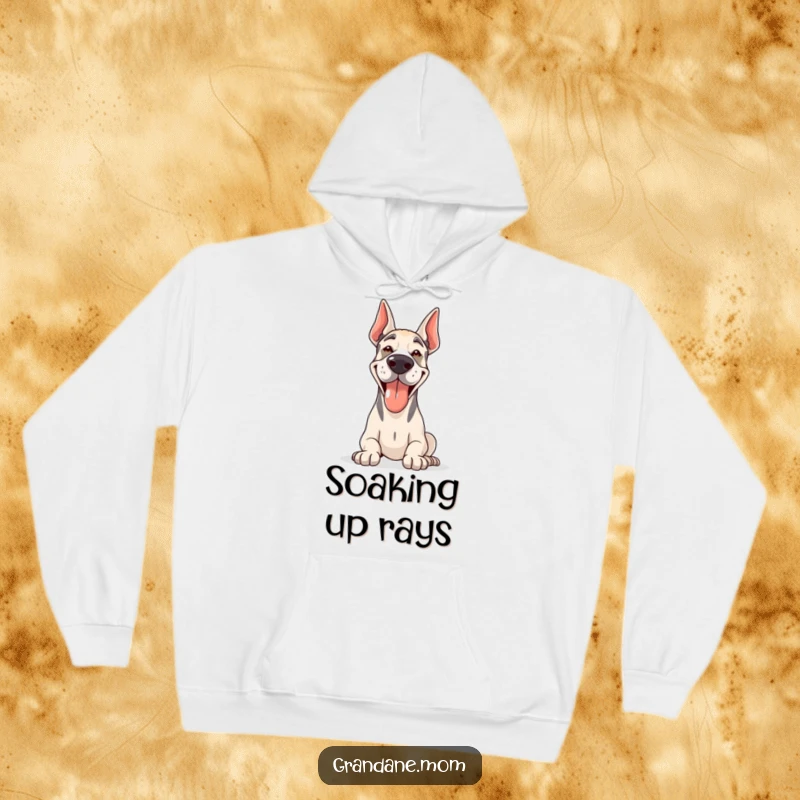 Funny Grand Dane hoodie showing a happy, panting dog enjoying the warmth of the sun, perfect for cozy wear.