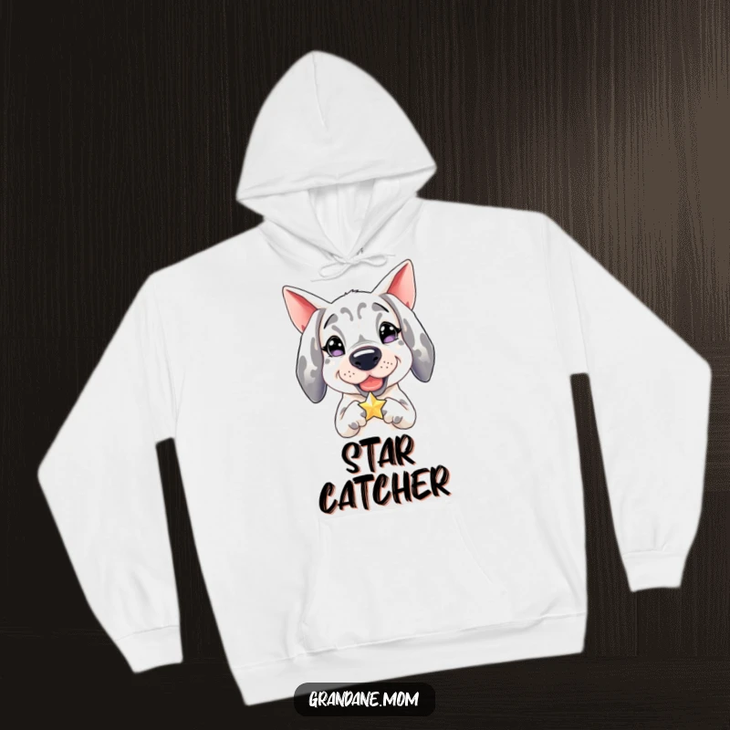 Funny Grand Dane hoodie, cozy sweatshirt featuring a happy dog holding a small, glittering star, pure joy.