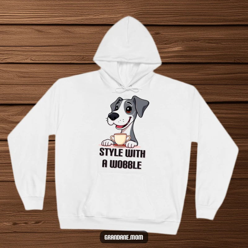 Funny Hoodie shows a Great Dane with impressive balance, a tiny teacup perched precariously on its nose, looking pleased.
