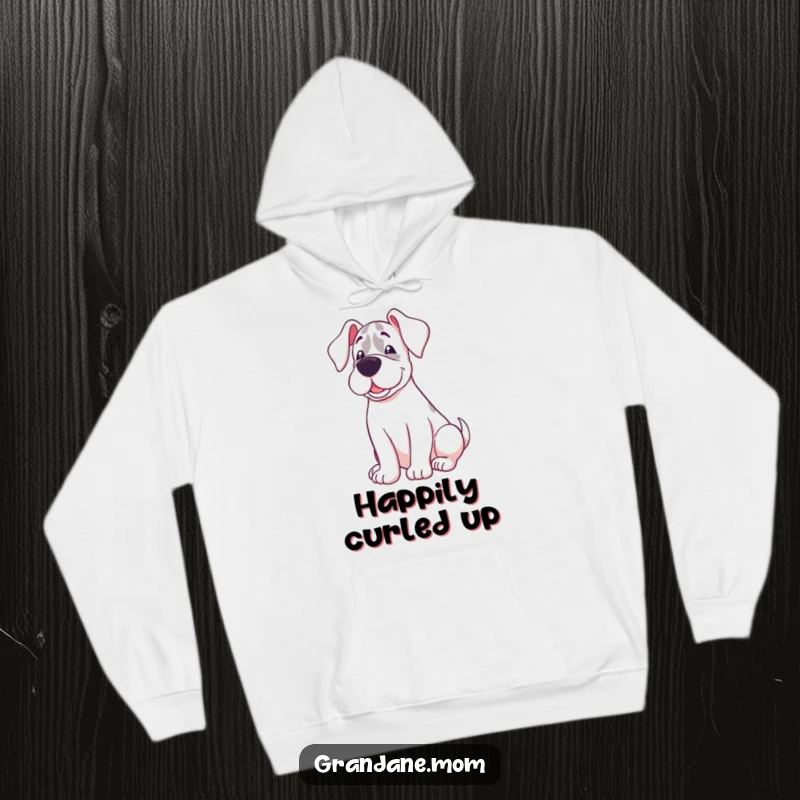 Funny hoodie featuring a Grand Dane with a sweet expression, happily curled up, offering ultimate cozy comfort.