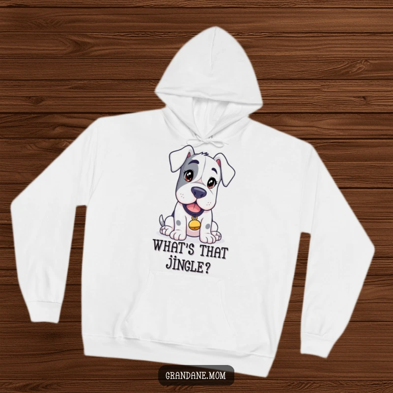 Funny Grand Dane Mystery Hoodie, a curious dog with a tinkling bell, exuding warmth and intrigue, a cozy funny gift.