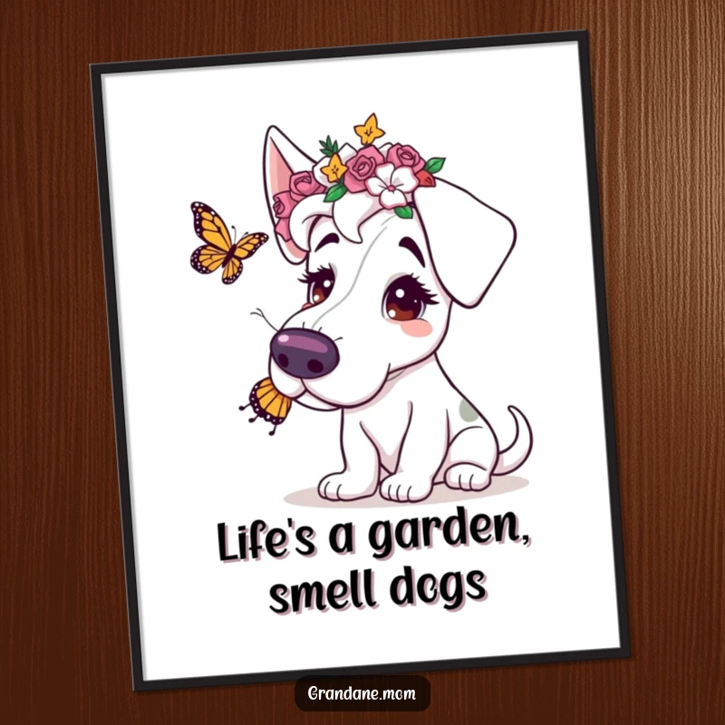 Funny Free Printable Wall Art: Grand Dane adorned with a flower crown, playfully chasing a butterfly.