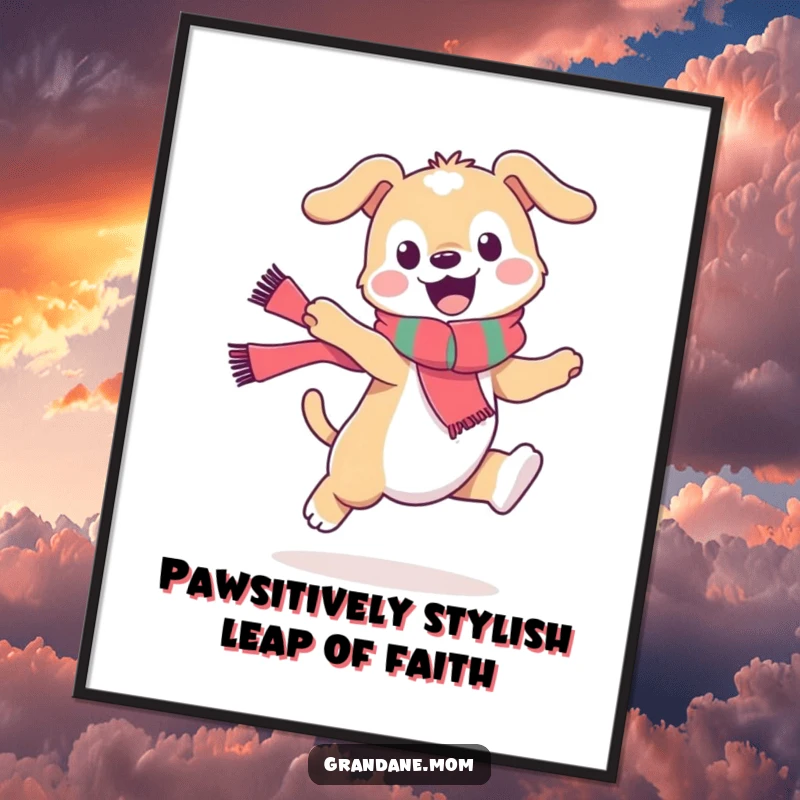 Funny Free Printable Wall Art: A stylish daniff in a scarf doing a playful leap, bringing energetic humor to any room.