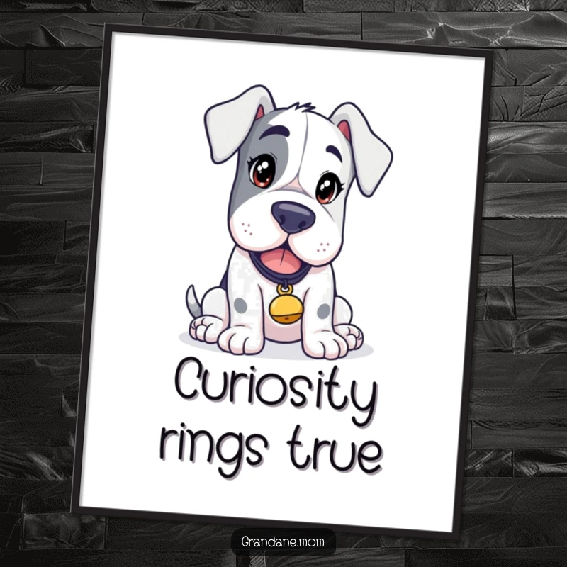 Funny Free Printable wall art of a Grand Dane with a curious expression, wearing a small tinkling bell, inviting intrigue.