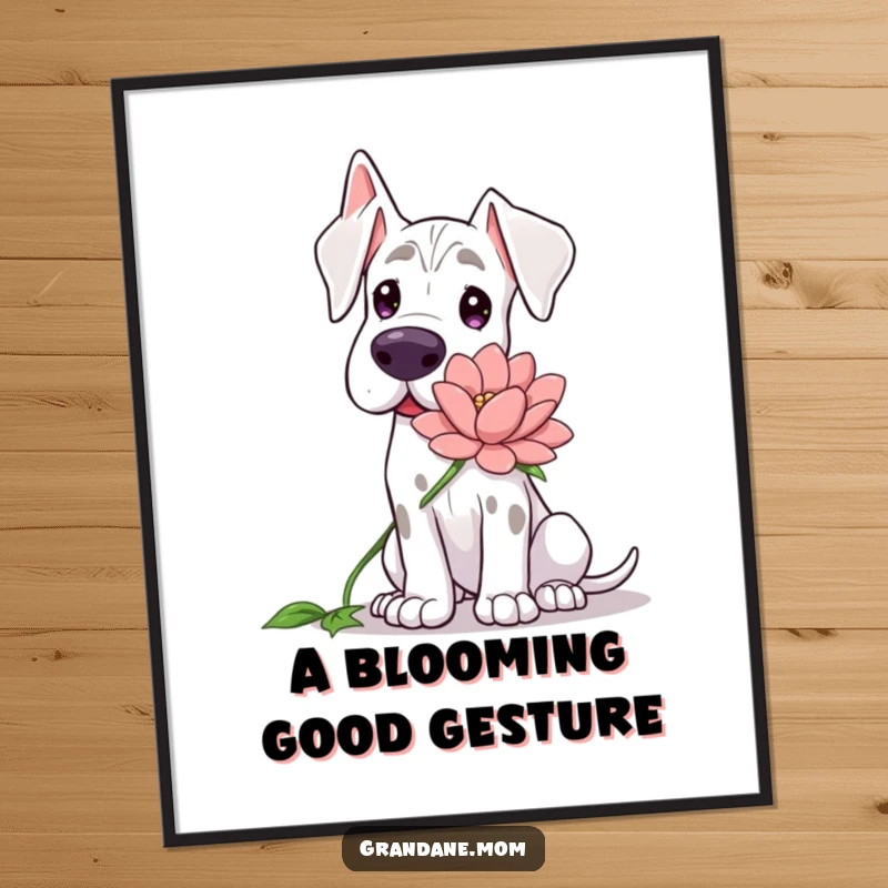 Funny Free Printable Grand Dane Wall Art: Gentle dog with a kind demeanor offering a large flower, sweet downloadable art.