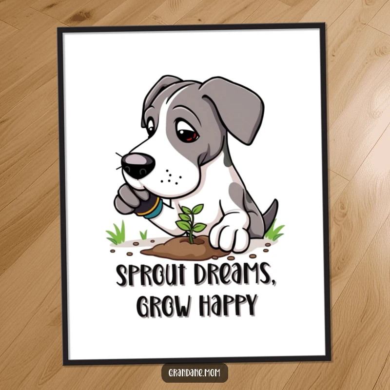 Funny Free Printable Wall Art: Great Dane gardener cheerfully planting a seedling, surrounded by lush greenery, bringing outdoor joy indoors.