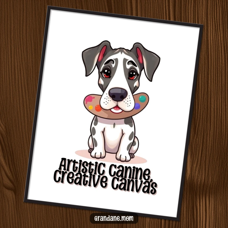 Funny Free Printable Wall Art: Great Dane holding a paint palette, creating vibrant abstract art, a masterpiece of humor.
