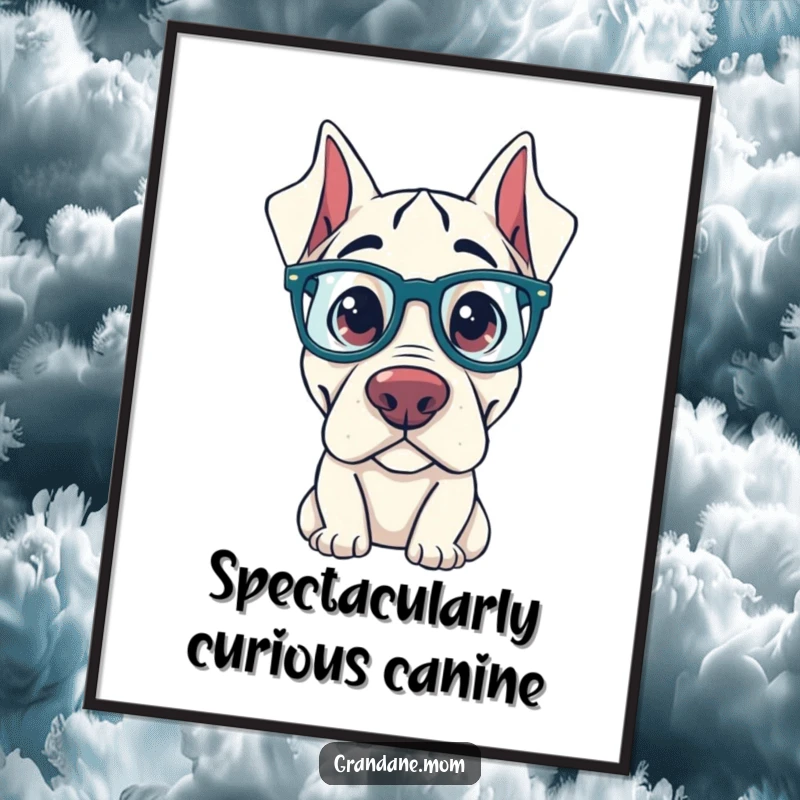Funny Free Printable Wall Art of a curious Grand Dane dog wearing oversized glasses, peering with intelligence.