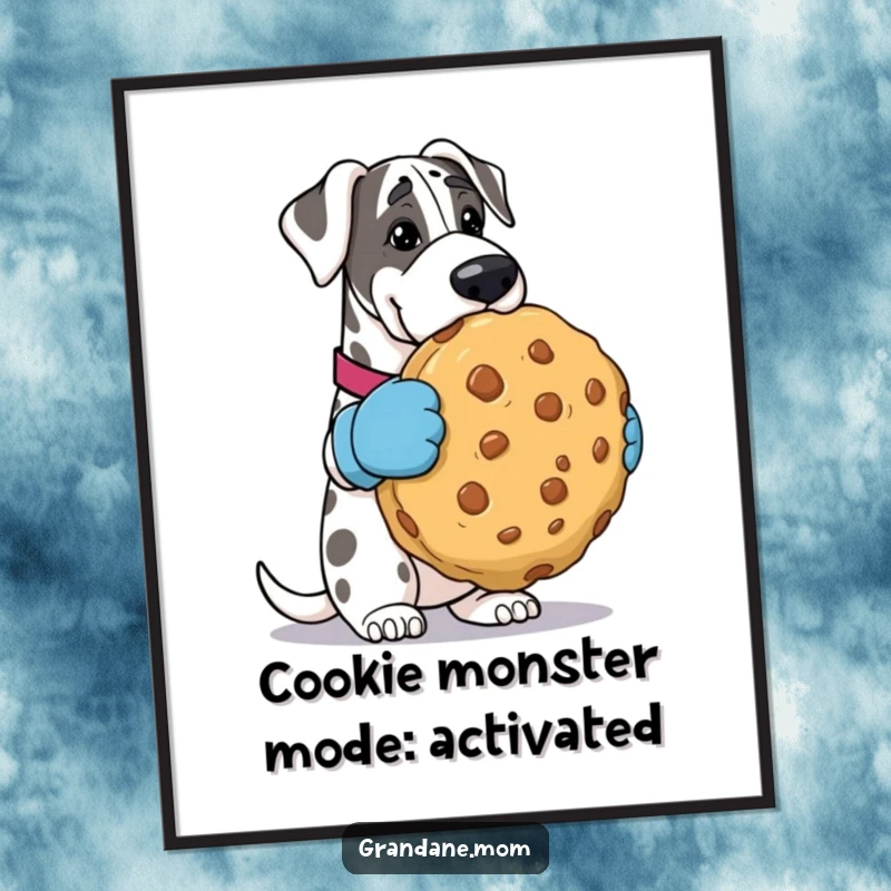 Funny Free Printable Wall Art: A Grand Dane wearing oven mitts proudly holds a colossal cookie, making a statement.