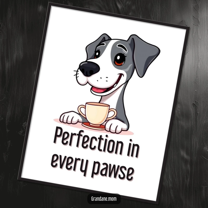 Funny Free Printable Wall Art: A Great Dane character with a big smile, balancing a tiny teacup perfectly on its nose.