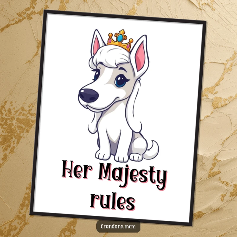 Funny Free Printable Wall Art: Grand Dane dog wearing a miniature tiara, looking exceptionally regal and dignified, a humorous statement piece.