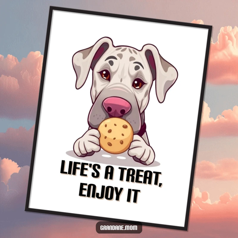 Funny Free Printable Wall Art: A charming Grand Dane winks, presenting a tea cookie, perfect for humorous home decor.