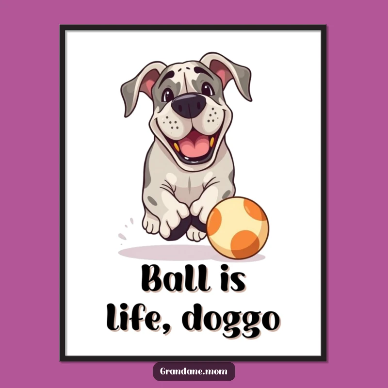 Free Printable Wall Art: Playful Grand Dane ball chase funny downloadable art for active decor