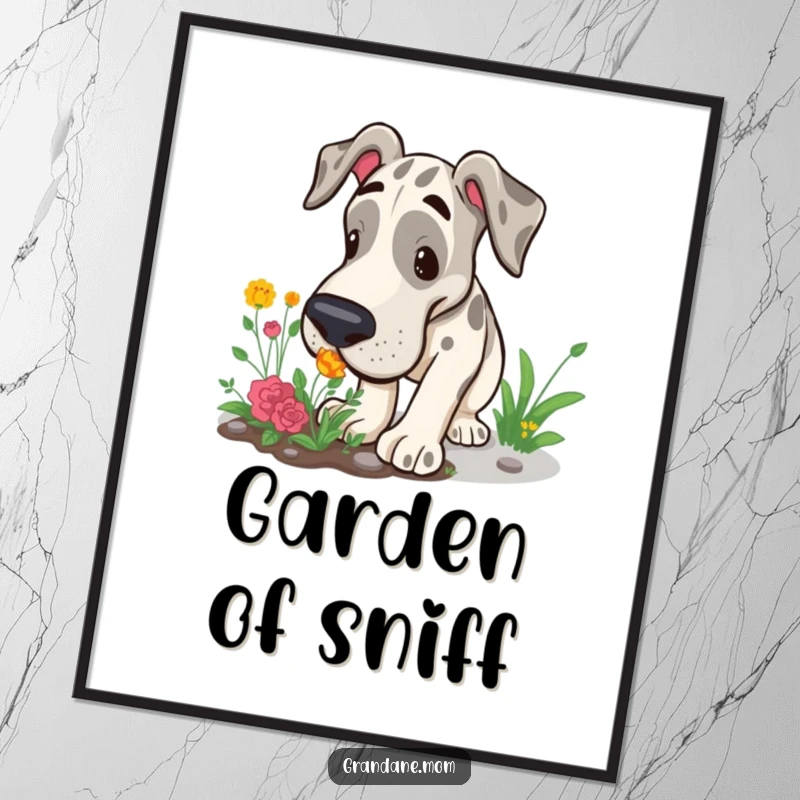 Funny Free Printable Wall Art: A Grand Dane with a curious expression snuffles intently while exploring a small garden patch.