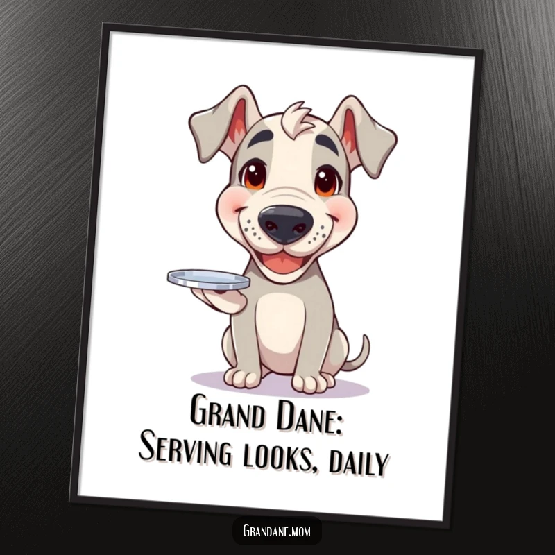 Funny free printable Grand Dane wall art, a dog with a wide happy grin balances a small, gleaming silver tray, cheerful decor.
