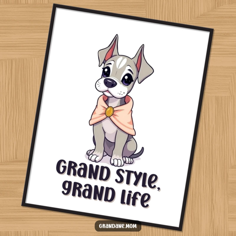 Funny free printable wall art of a Grand Dane in a tiny shawl, looking poised and elegantly humorous.